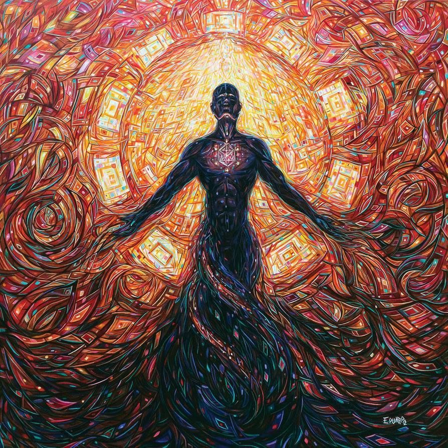 Allure of the Supernal: a figure standing in a radiant cosmic mandala