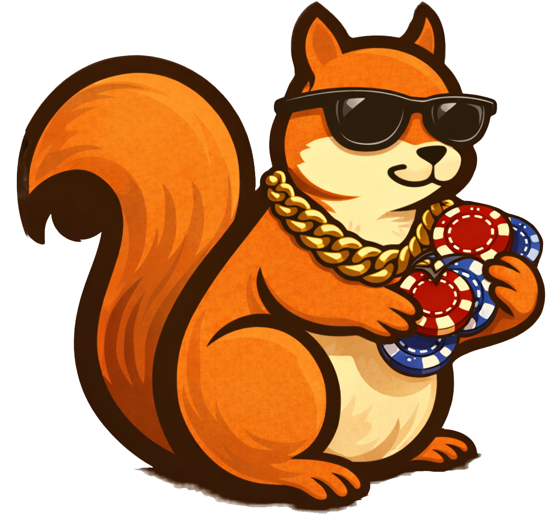 Poker Pine mascot: a squirrel in sunglasses holding poker chips