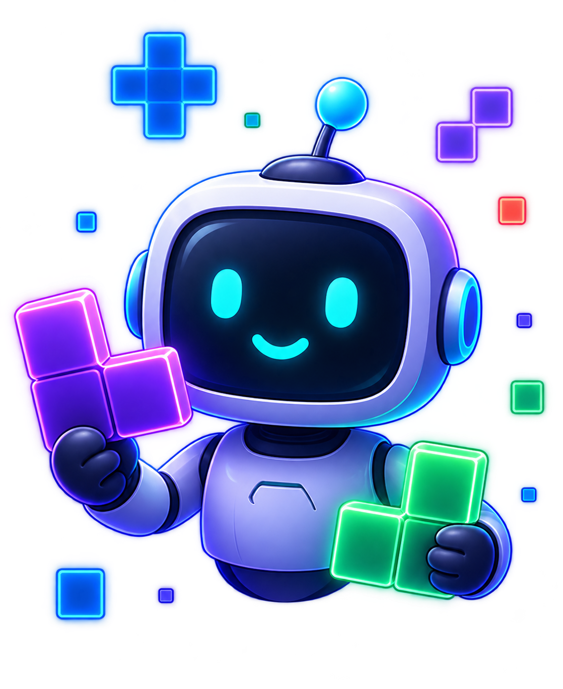 Word Puzzle Tetromino mascot: a robot holding tetromino blocks
